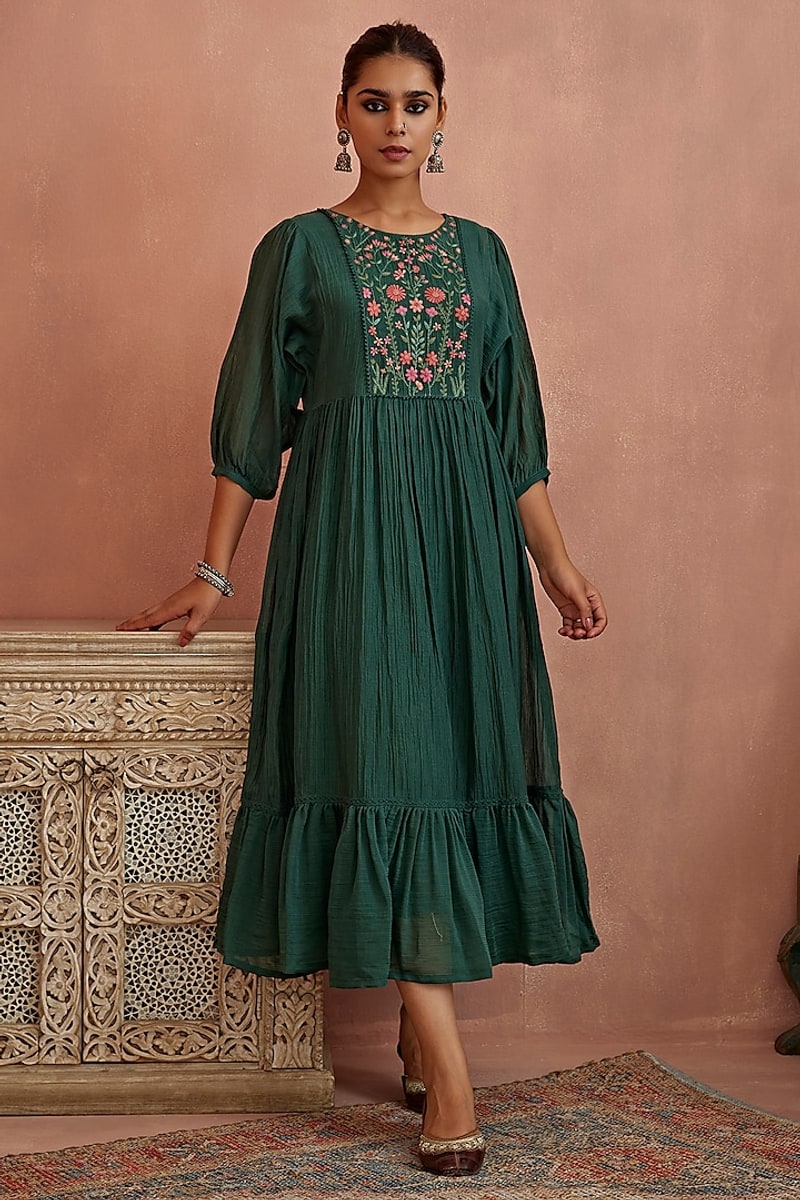 Teal Chanderi Hand Embroidered Dress