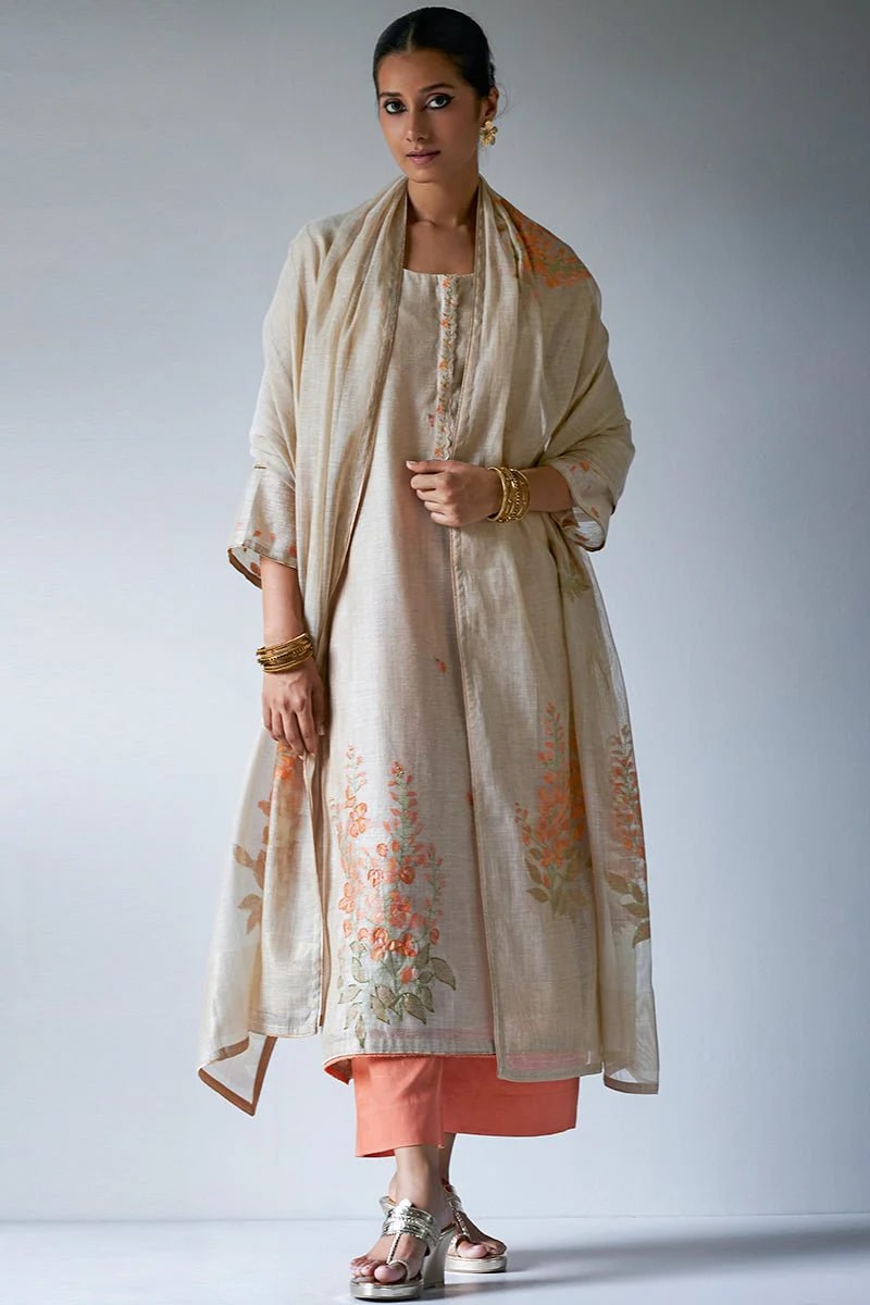 eige Woven Kurta Suit Set With Delicate Hand Work Detailing and Embroidery Placket