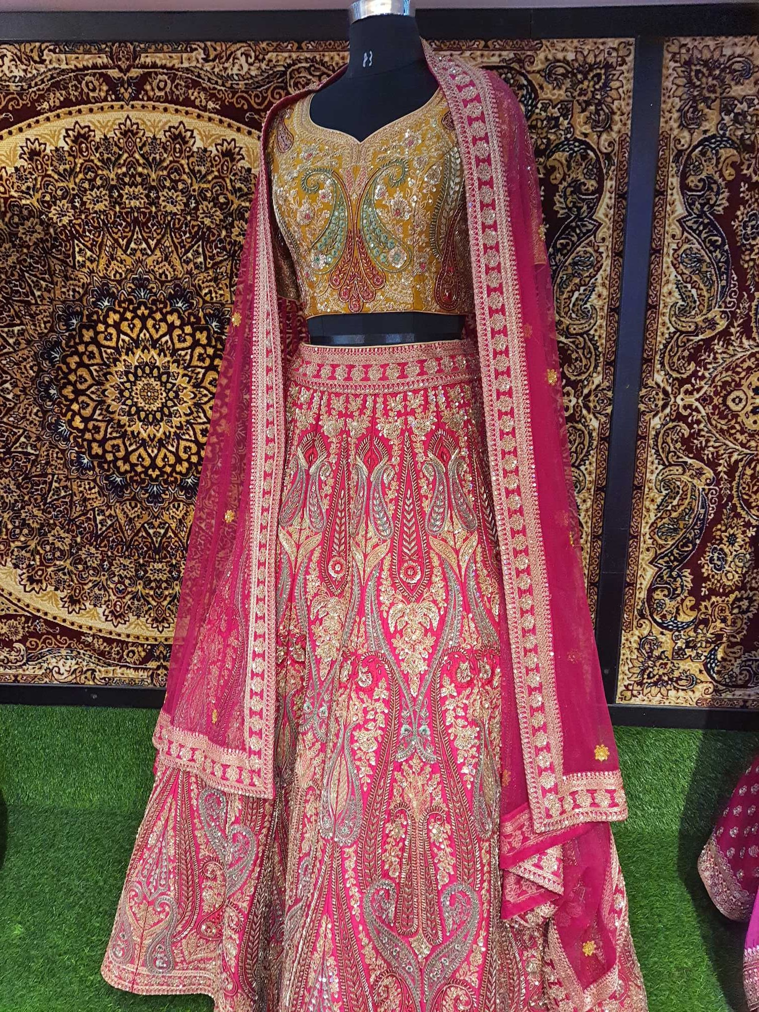 Dark red and Mehandi green colour Lehanga